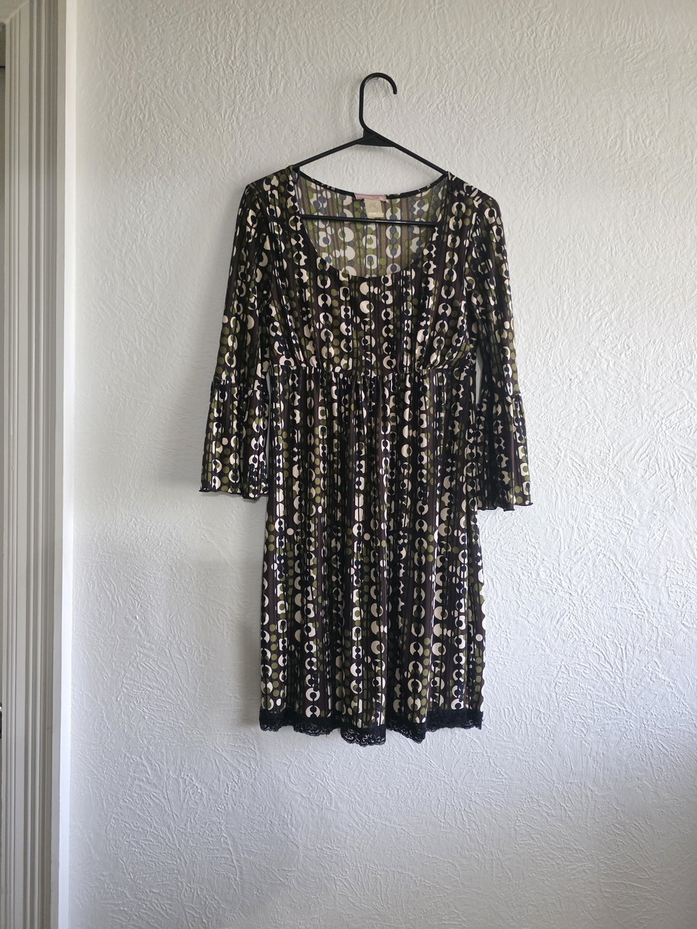 Vol 1 Whimsigoth Long-Sleeve Printed Empire-Waist Dress in Olive Black & Cream